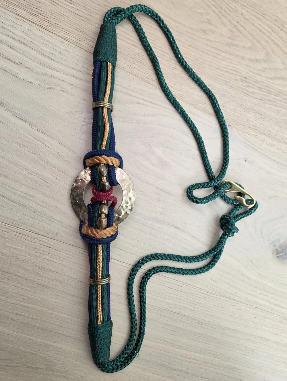 VTG 80s Bohemian Multi Color Braided Rope Cord Medallion Statement Belt 1X